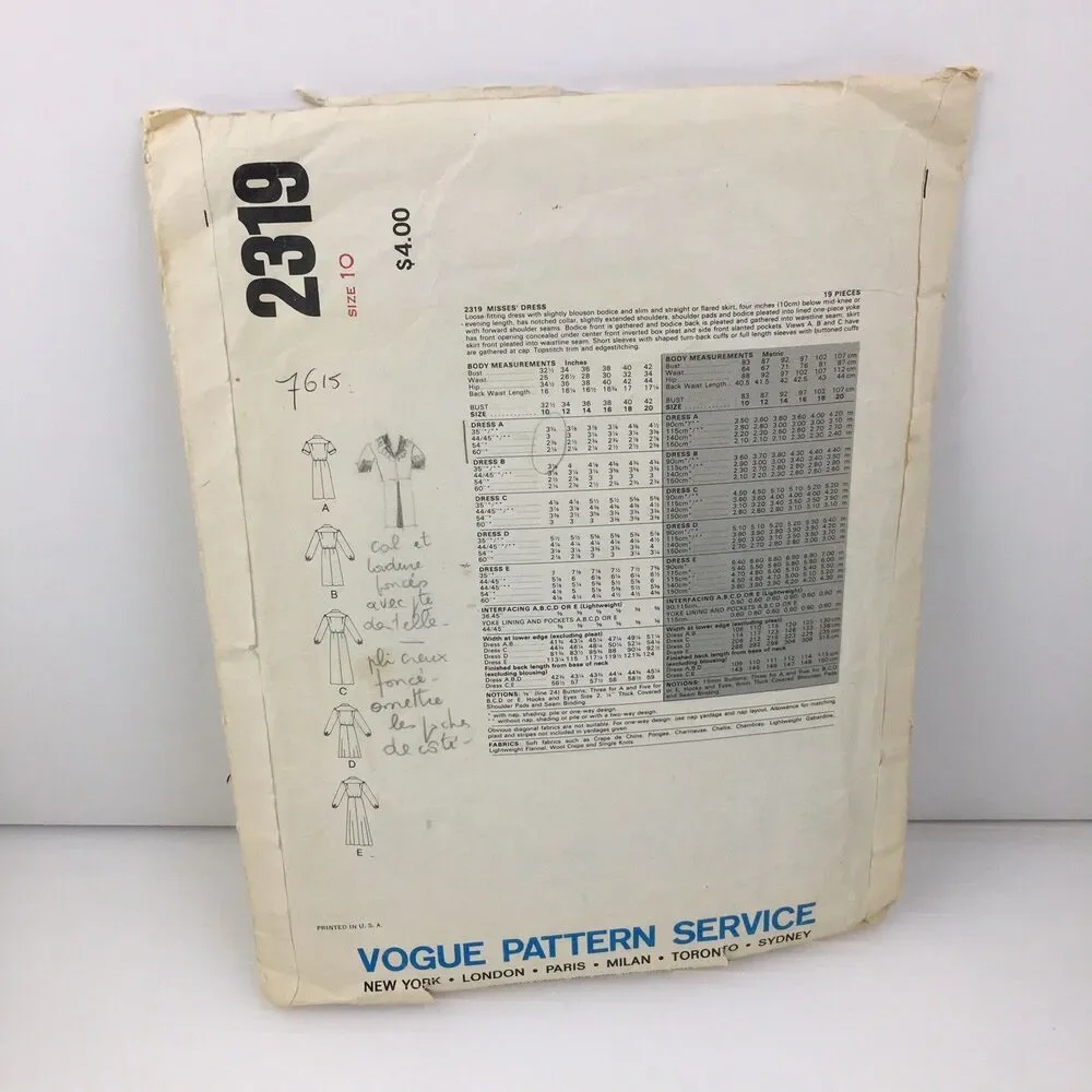 Dress Flared Skirt Blouson Size 10 CUT Vogue Sewing Pattern 2319 Vintage 80s